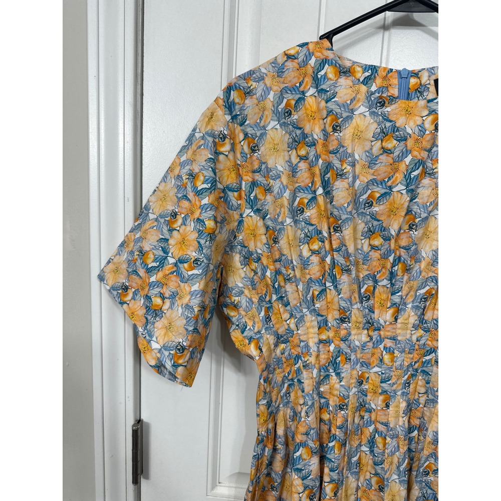 GIGIO USA Orange Blue Floral Smocked Waist Midi Dress Womens Size Medium V-Neck - Picture 3 of 10